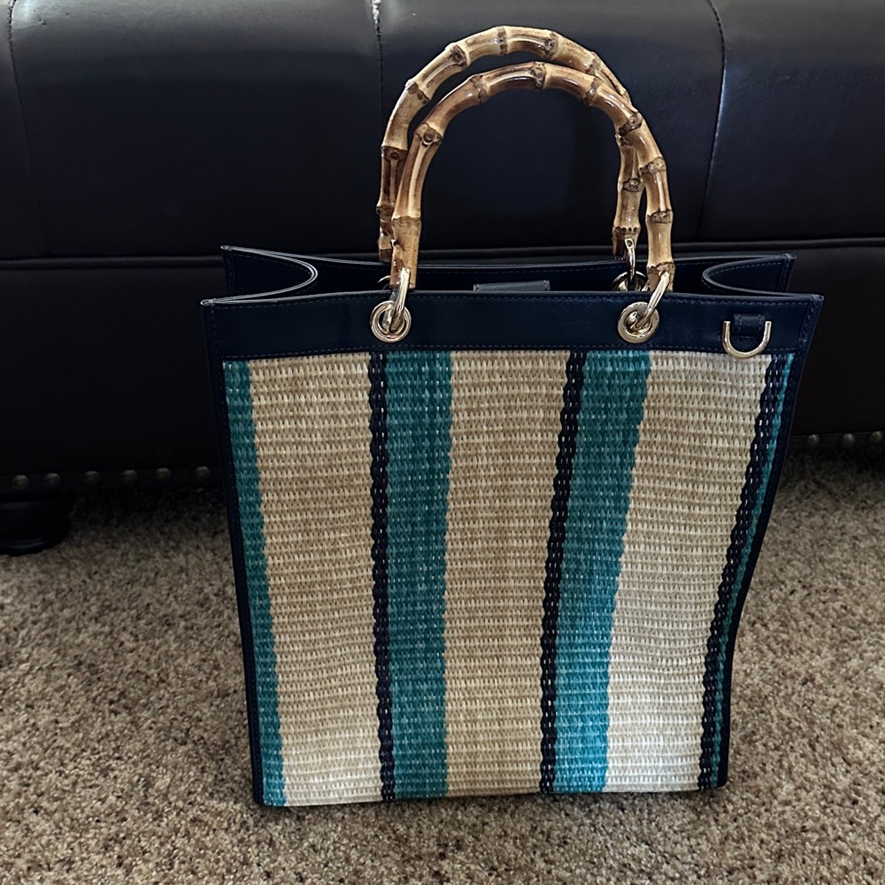 Elegant Blue and Cream Striped Tote with Bamboo Handles - Picture 3 of 4